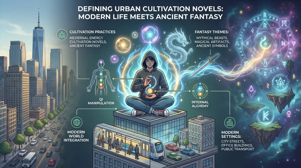 Infographic defining urban cultivation novels Western popularity, illustrating core elements like modern settings and cultivation practices.
