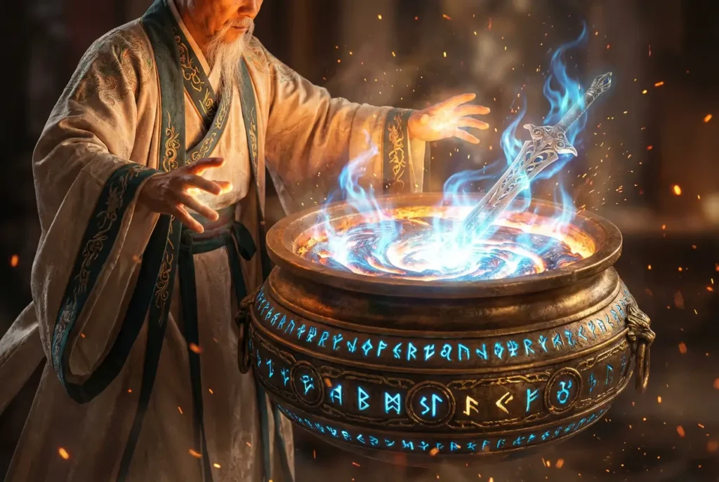 A master cultivator performing artifact refining on ancient spirit weapons.