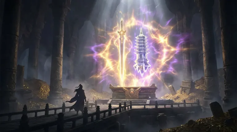 A grand scene of Xuanhuan divine artifacts discovered in a celestial palace.